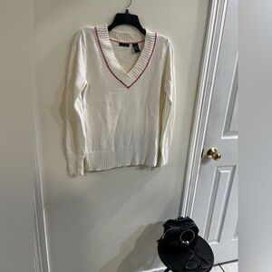 Moda International Cream V-Neck Sweater with Red Trim, Women’s Size Medium